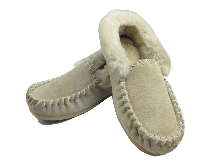 100% Sheepskin Moccasins Slippers Winter Casual Slip On Shoes - Beige (Sand)
