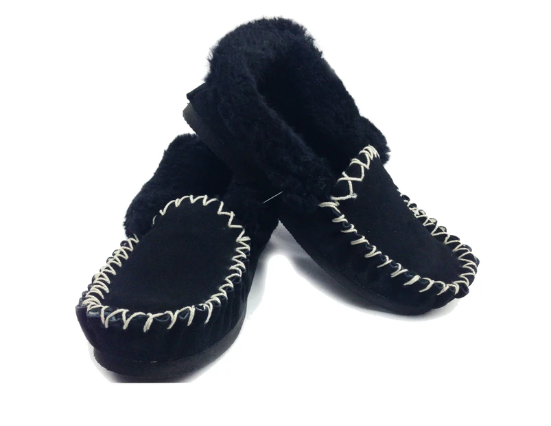 100% Sheepskin Moccasins Slippers Winter Casual Slip On Shoes - Black