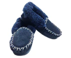 100% Sheepskin Moccasins Slippers Winter Casual Slip On Shoes - Navy