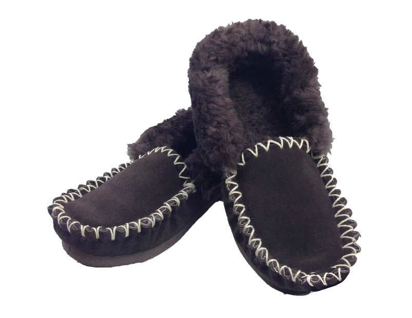 100% Sheepskin Moccasins Slippers Winter Casual Slip On Shoes - Chocolate Brown