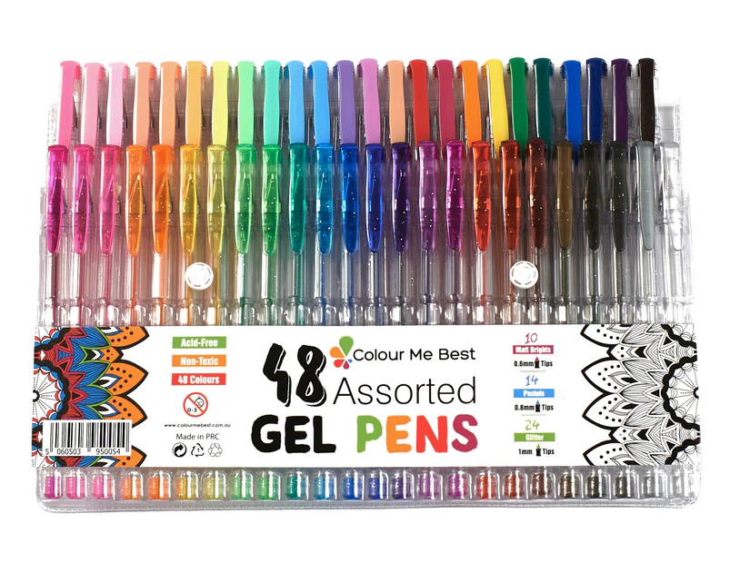 Gel Pens - 48 Assorted Colours in Homeschooling Value Pack, Includes 10 Brights, 14 Pastels & 24 Glitter Colours for Arts & Crafts