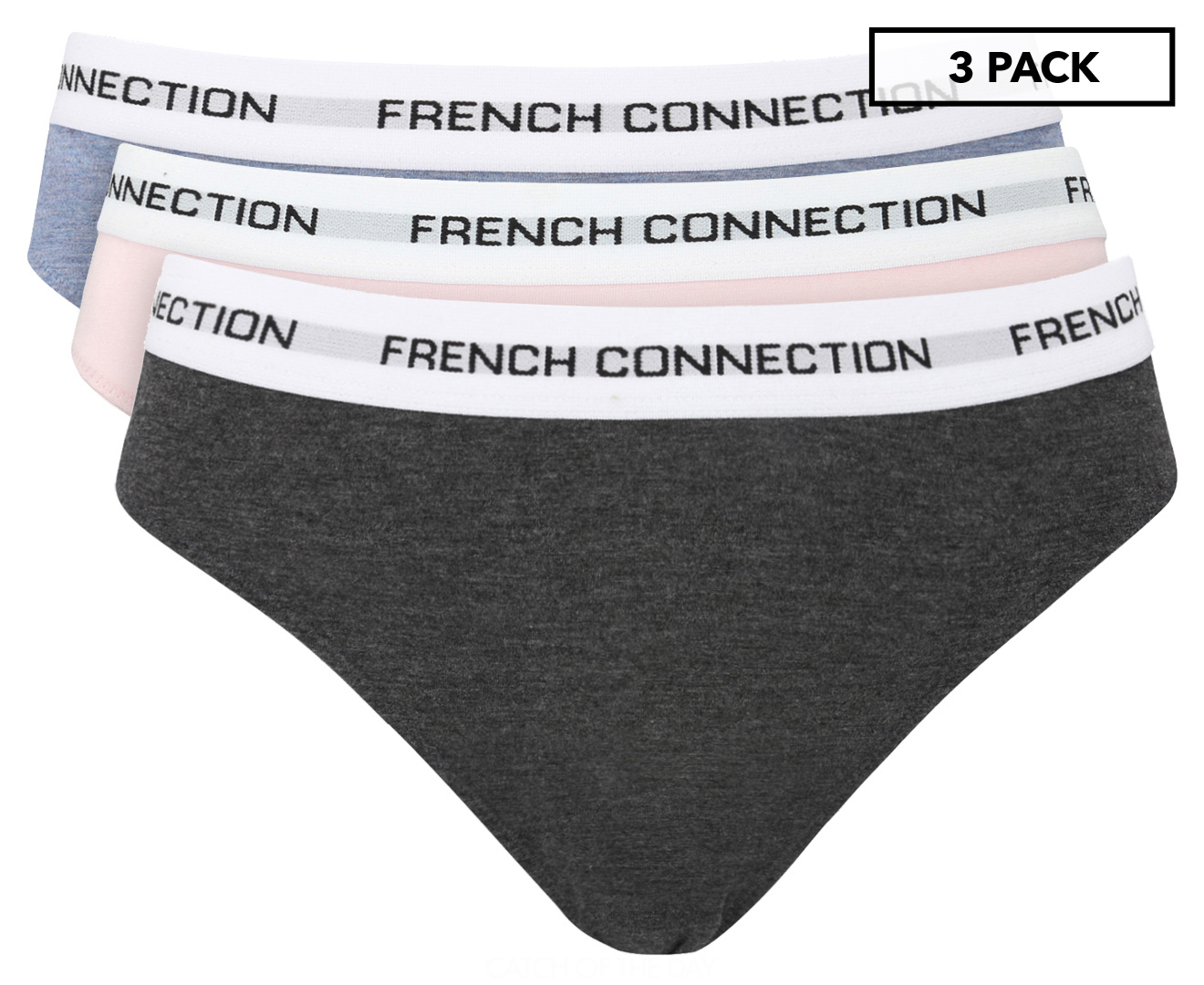 French Connection Women's Solid Heather Thong 3-Pack - Blue/Pink/Charcoal