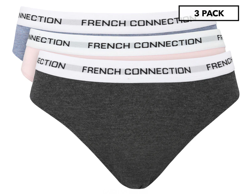 French Connection Women's Solid Heather Thong 3-Pack - Blue/Pink/Charcoal