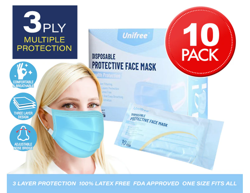 Unifree 3 Ply Disposable Protective Face Masks 10-Pack