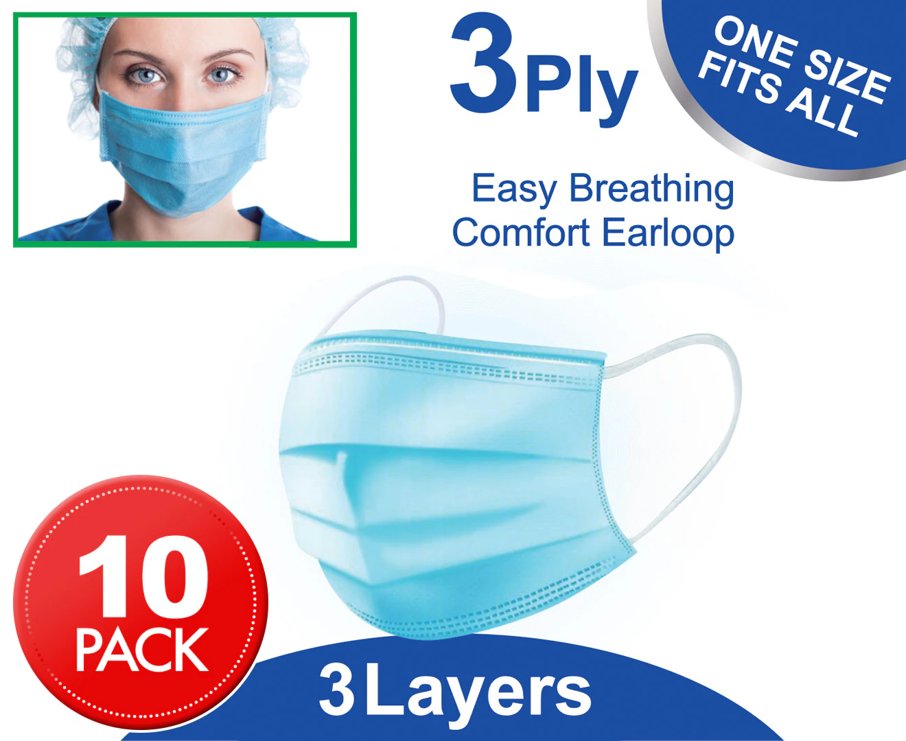 3 Ply Disposable Protective Face Masks 10-Pack