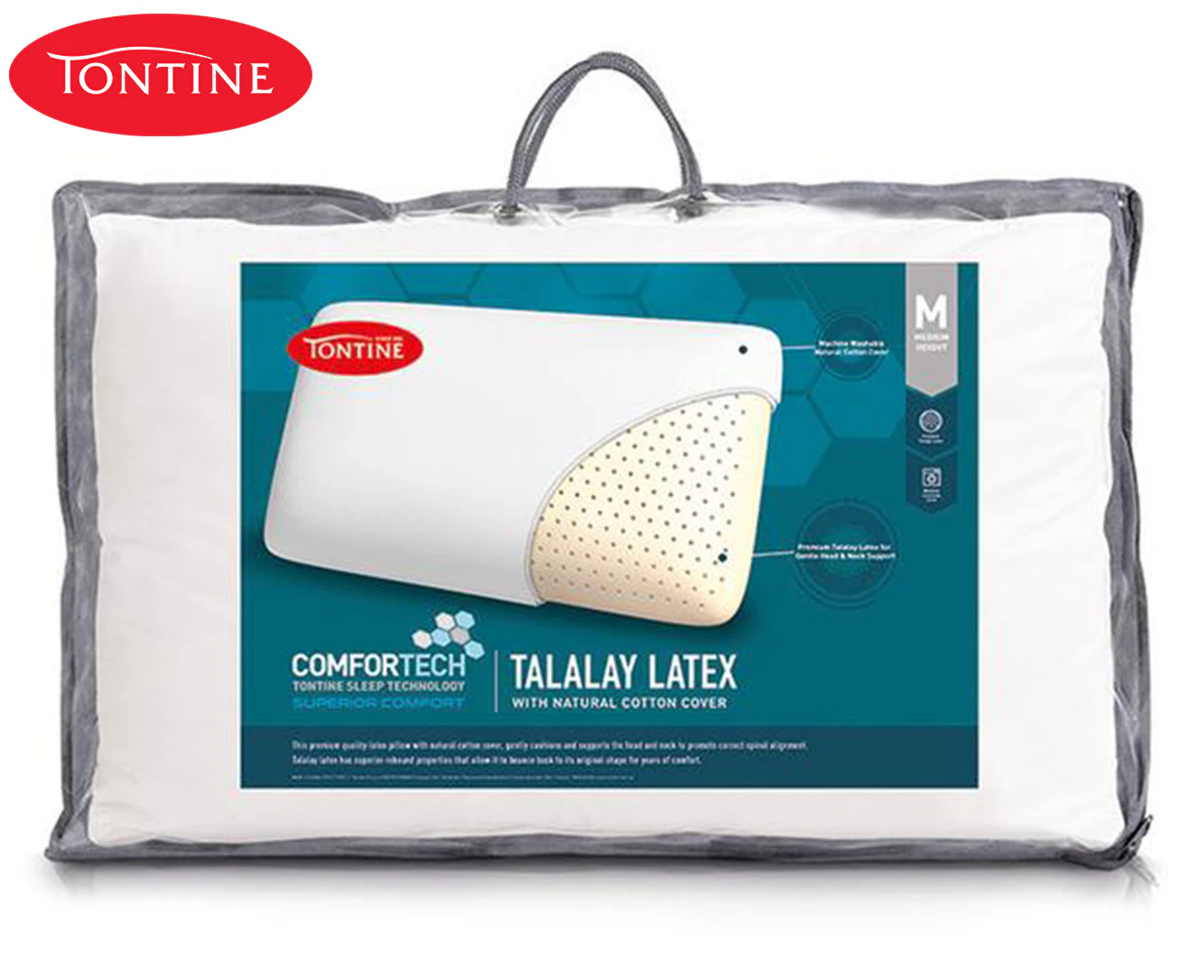 Tontine 40x60cm Comfortech Talalay Latex Cotton Pillow Medium Height Home Bed