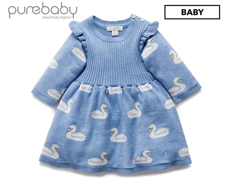 Purebaby Baby Girls' Swan Knit Dress - Blue