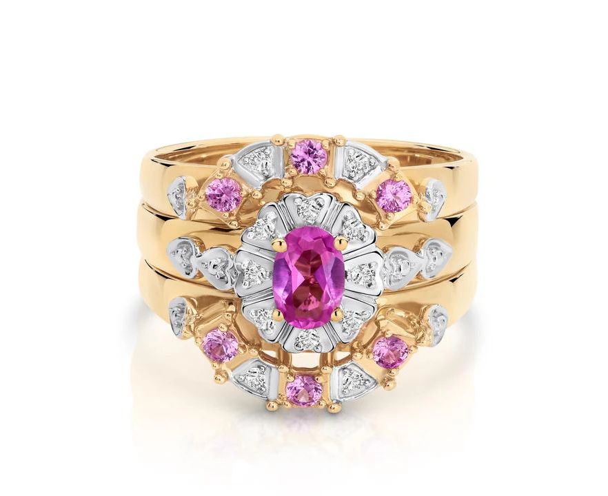 9ct Yellow Gold Synthetic Pink Sapphire & Diamonds Trio Set