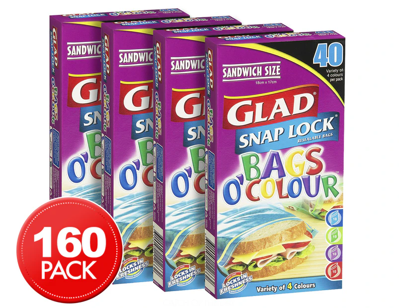 4 x Glad Bags O' Colour Snap Lock Resealable Sandwich Bags 40-Pack