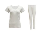 New Women's 2PCS SET Merino Wool Short Sleeve Top Shirt Thermal Leggings Pajamas - Beige