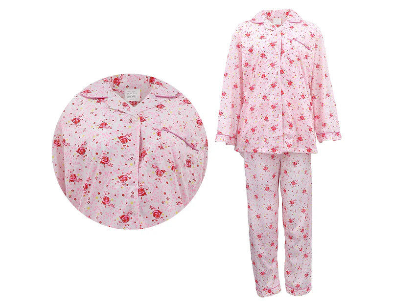 Women's 100% Cotton 2PCS Set Long Sleeve Nightie Sleepwear PJ Pajamas Pyjamas - Pink