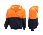 HI VIS Full Zip Fleece-lined Fleecy Hoodie Jumper Safety Workwear Pocket Jacket - Fluro Orange / Navy