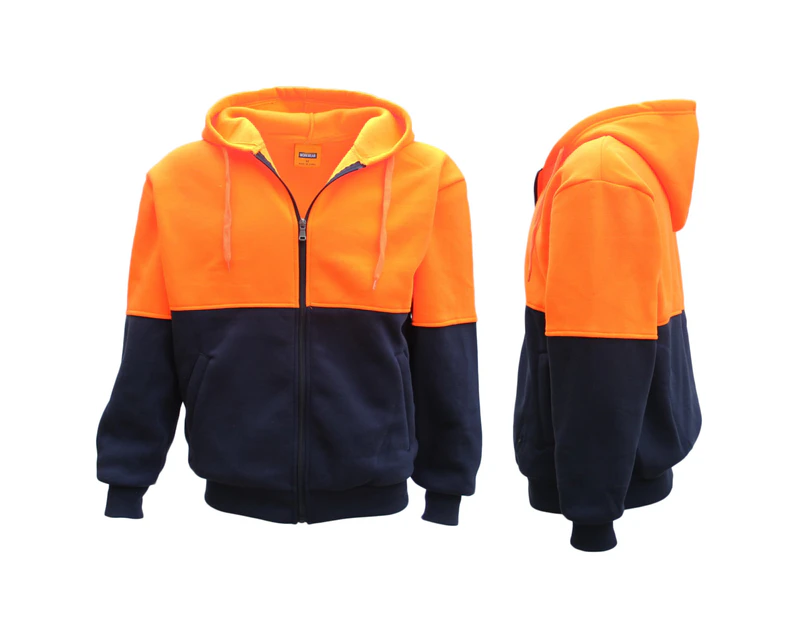 HI VIS Full Zip Fleece-lined Fleecy Hoodie Jumper Safety Workwear Pocket Jacket - Fluro Orange / Navy