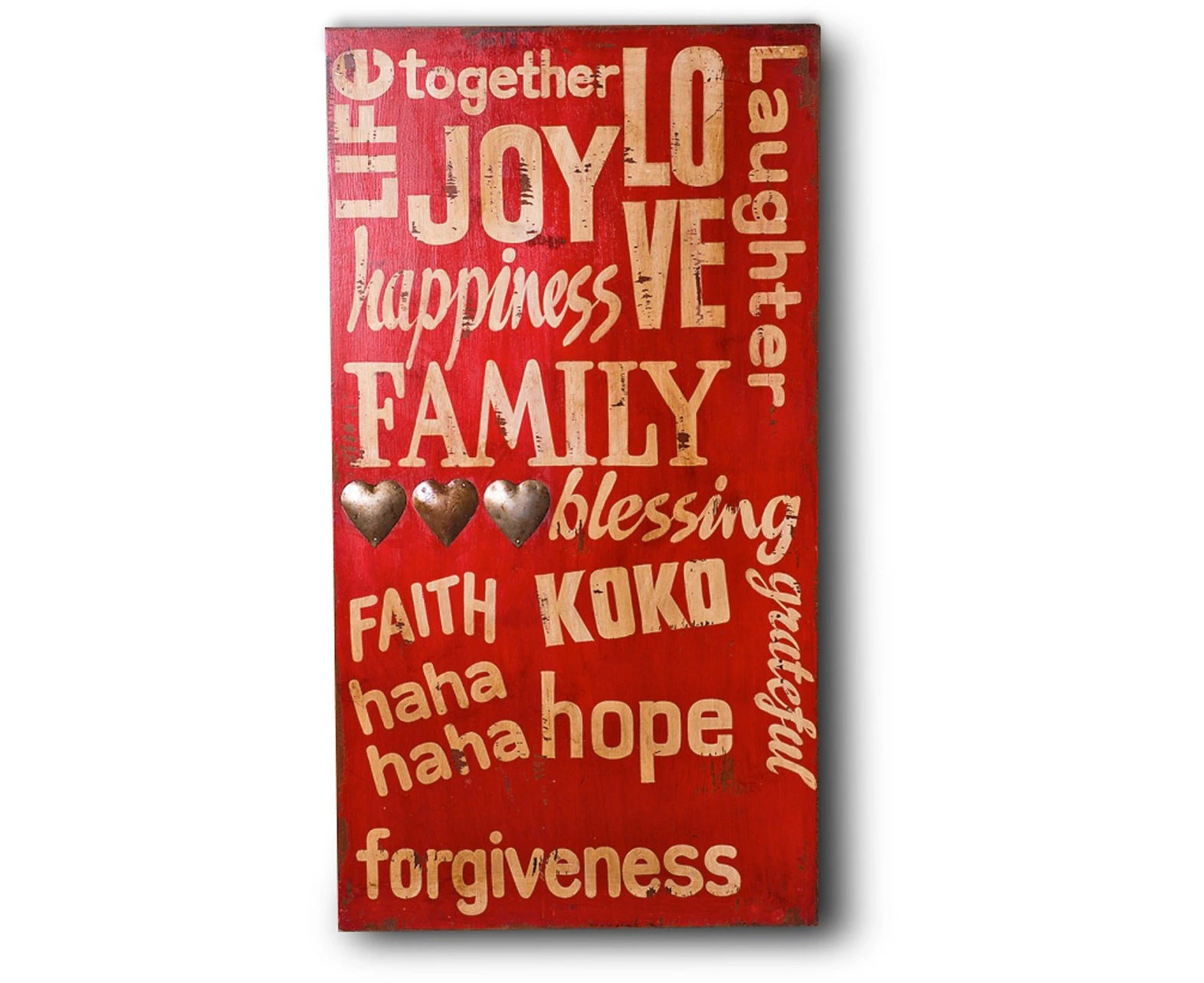 Red Joy Happiness Family Wooden Wall Hanging In Antique Red