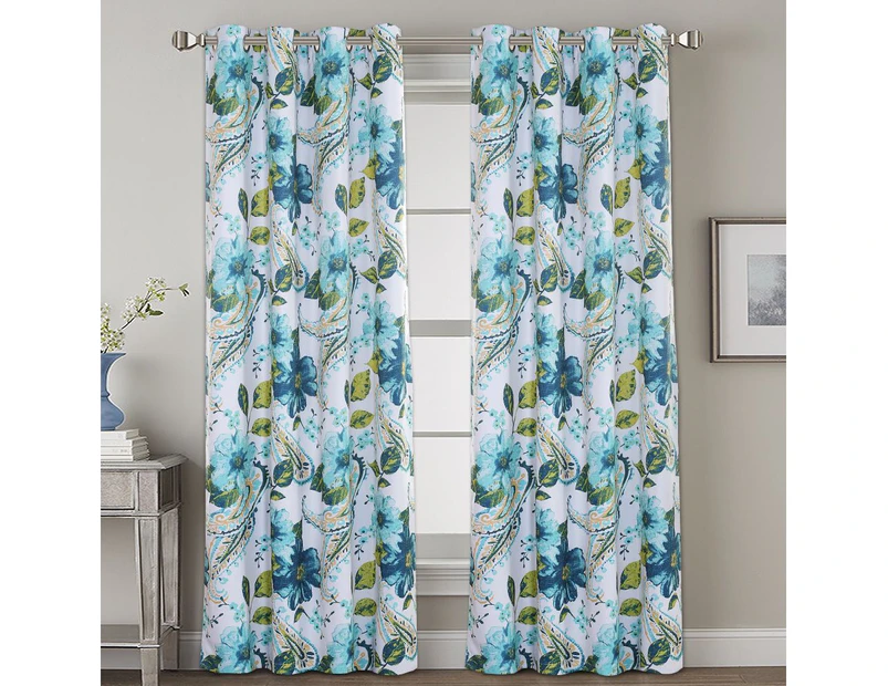2x Blockout Blue Paisley Floral Curtains Pair Eyelet Blackout Curtain Draperies for Living, Multi Color and Size