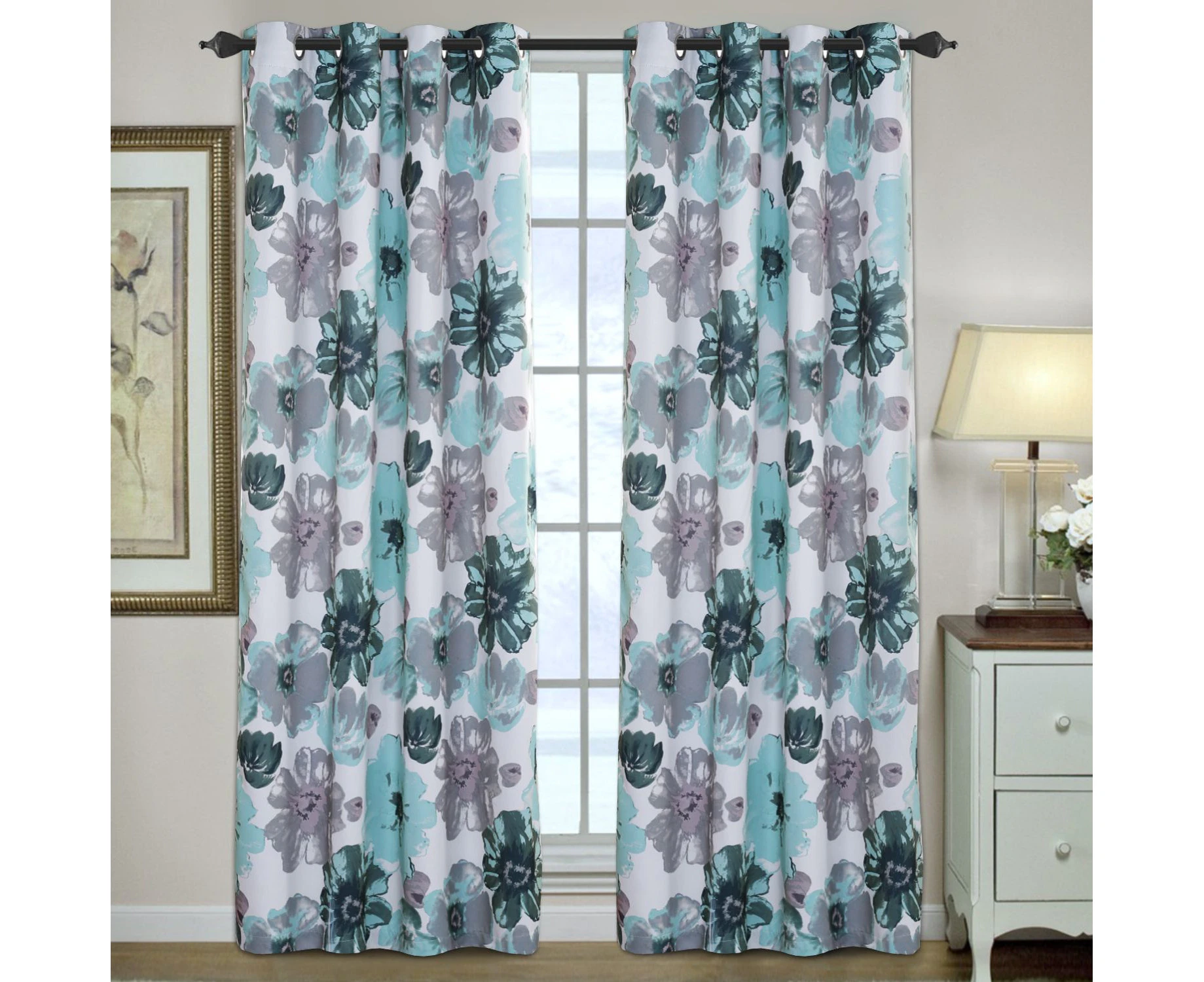 2x Blockout Blue Floral Curtains Pair Eyelet Blackout Curtain Draperies for Living, Multi Color and Size