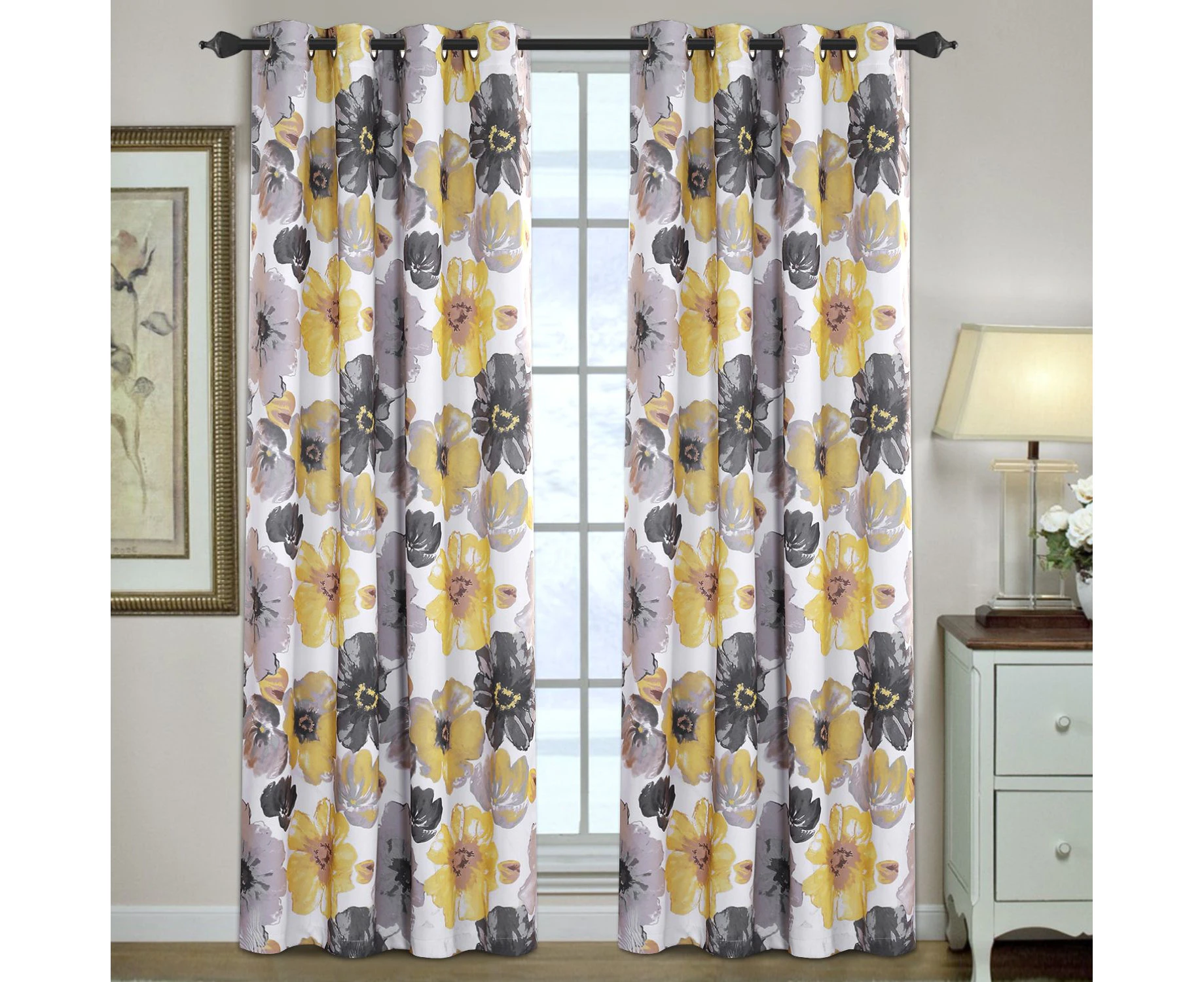 2x Blockout Yellow Floral Curtains Pair Eyelet Blackout Curtain Draperies for Living, Multi Color and Size