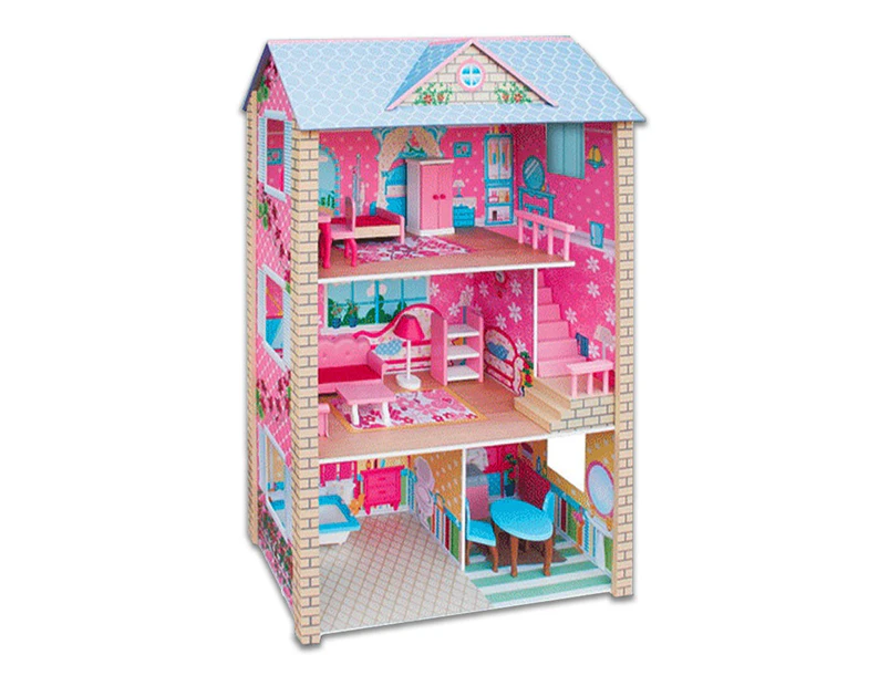 Large Wooden Dolls Doll House 3 Level Kids Pretend Play Toys Full Furniture