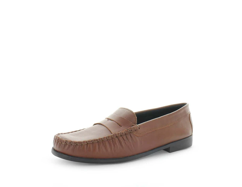 Geo Reino Mozard Leather Lightweight Durable Flat Stacked Heel Loafer Shoe - Tan