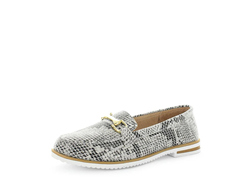 Just Bee Cressy Leather Padded Footbed Gold-Tone Snaffle Round Toe Loafer - White/Black/Snake