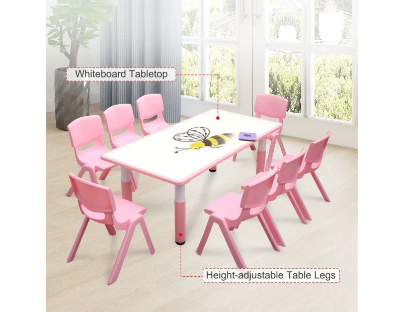 120x60cm Kids Pink Whiteboard Drawing Activity Table & 8 Pink Chairs Set