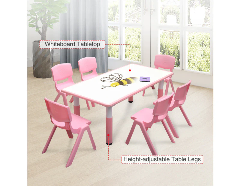 120x60cm Kids Pink Whiteboard Drawing Activity Table & 6 Pink Chairs Set