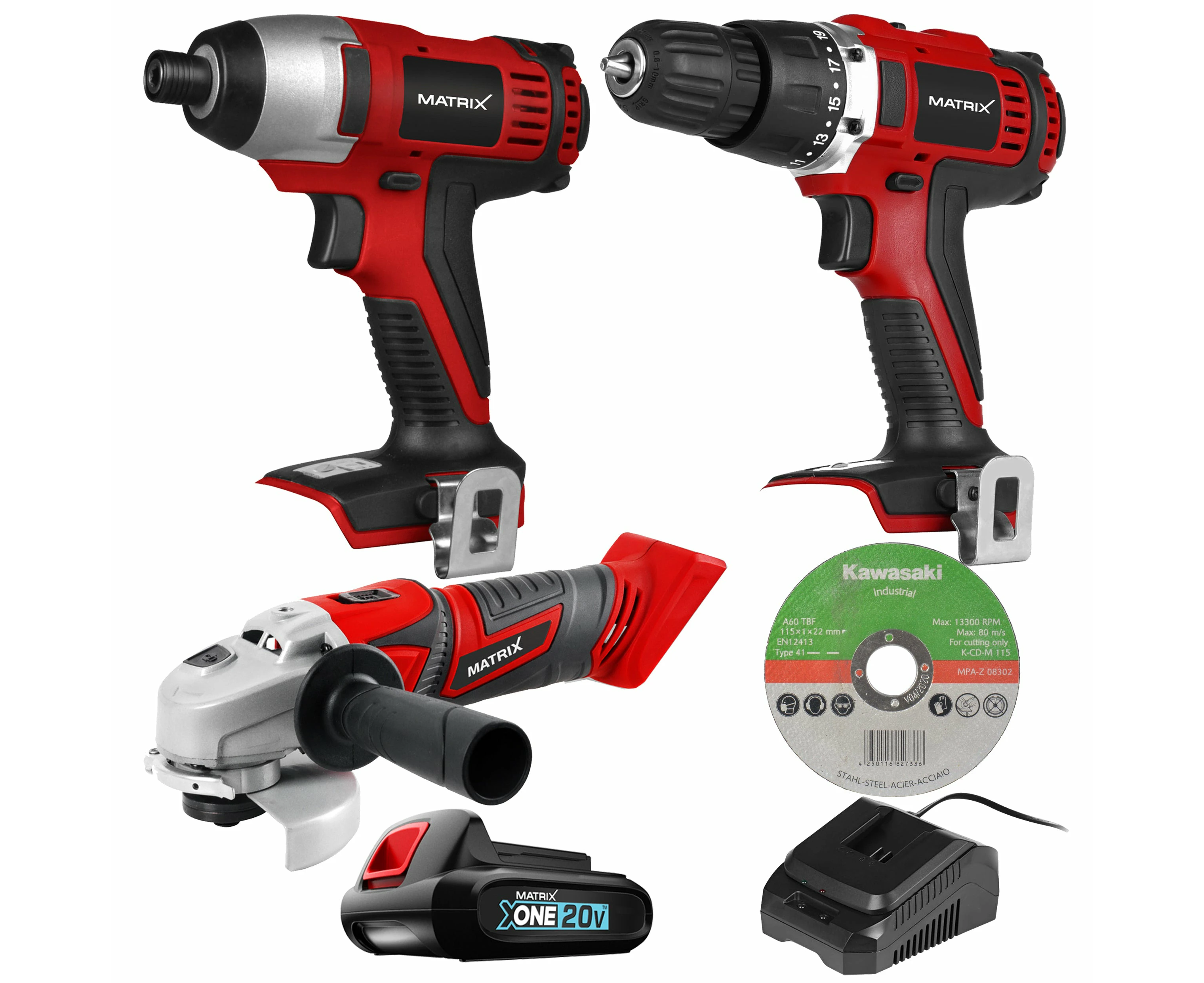 MATRIX 20V X-ONE Drill Impact Driver Angle Grinder Combo Kit