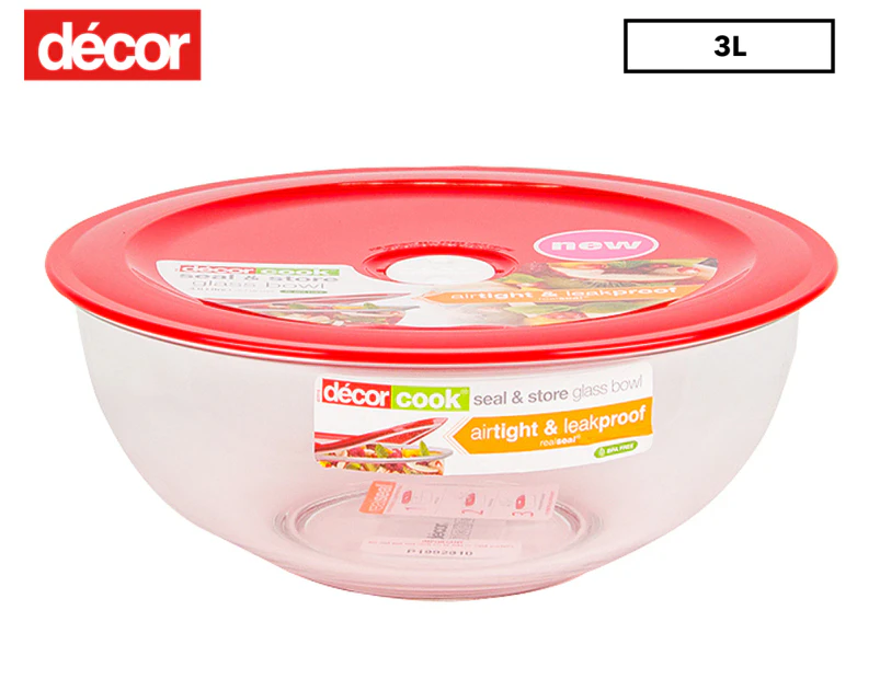 Décor 3L Cook Mix, Seal & Store Glass Bowl - Clear/Red