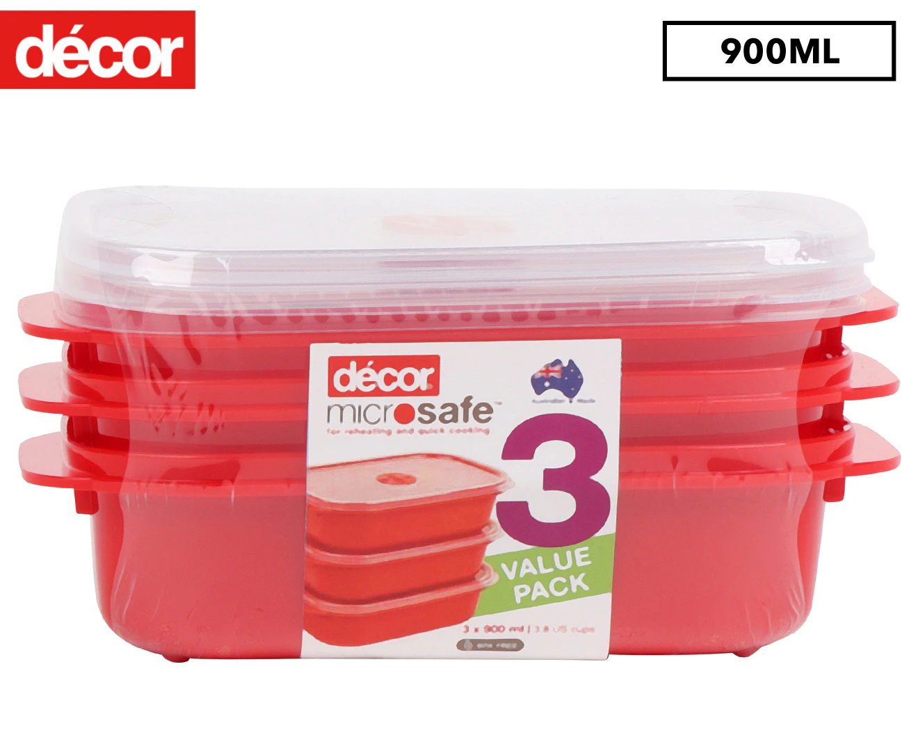 Décor 900mL Microsafe Oblong Container 3pk - Red/Clear