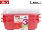 Décor 900mL Microsafe Oblong Container 3pk - Red/Clear 1