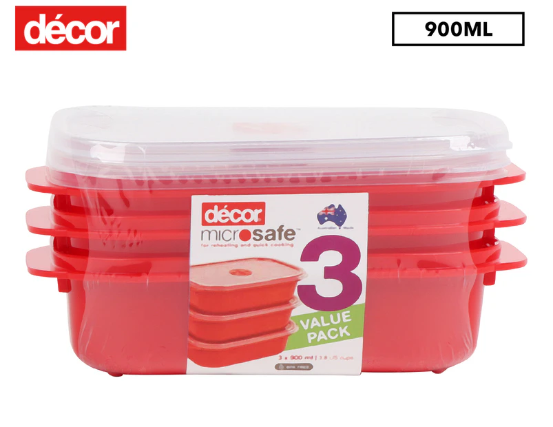Décor 900mL Microsafe Oblong Container 3pk - Red/Clear