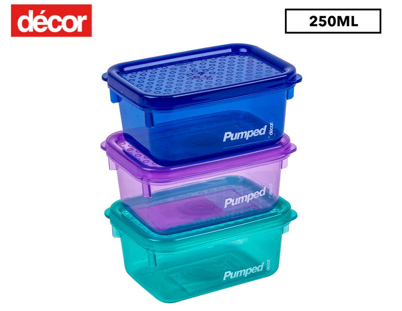 3 x Décor 250mL Pumped Brain Food Snackboxes Oblong Containers - Multi