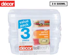 Decor 500mL Tellfresh Square Storer Container 3-Pack - Clear