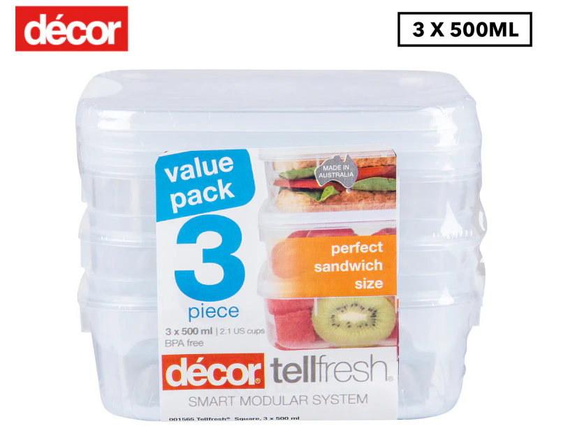 Decor 500mL Tellfresh Square Storer Container 3-Pack - Clear