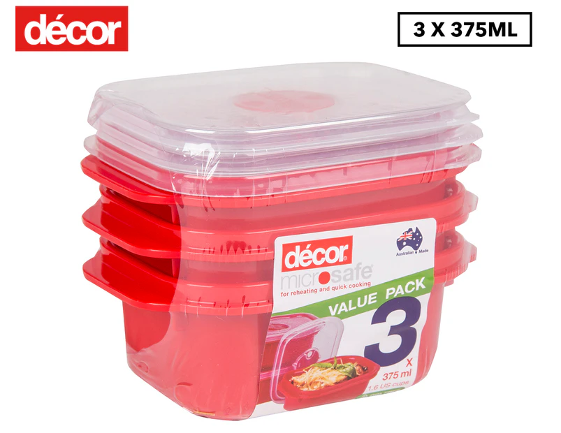 Décor 375mL Microsafe Oblong Container 3pk - Red/Clear