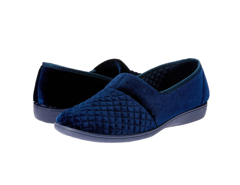 Grosby Marcy Womens Slip on Quilted Velour Classic Slipper – Navy