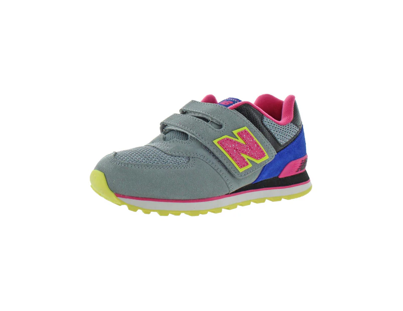 New Balance Girls 574 v6 Trainers Suede Gray/Hot Pink/Blue Sneakers