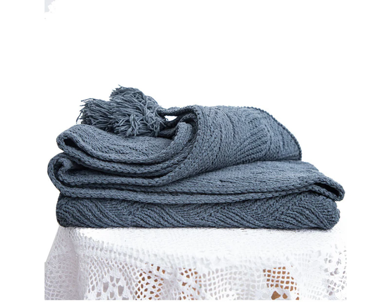 New Acrylic Chenille Tassel Knitted Blanket Bed Sofa Throw Rug 130x160cm Navy