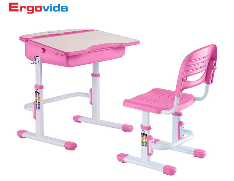 Ergovida Pharos Children's Height Adjustable Desk & Chair Set - Pink/White