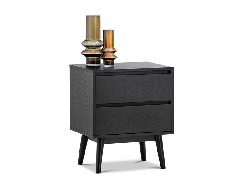 Maison All Black Oak Wood 2 Drawer Bedside Table Nightstand in Modern Contemporary Design