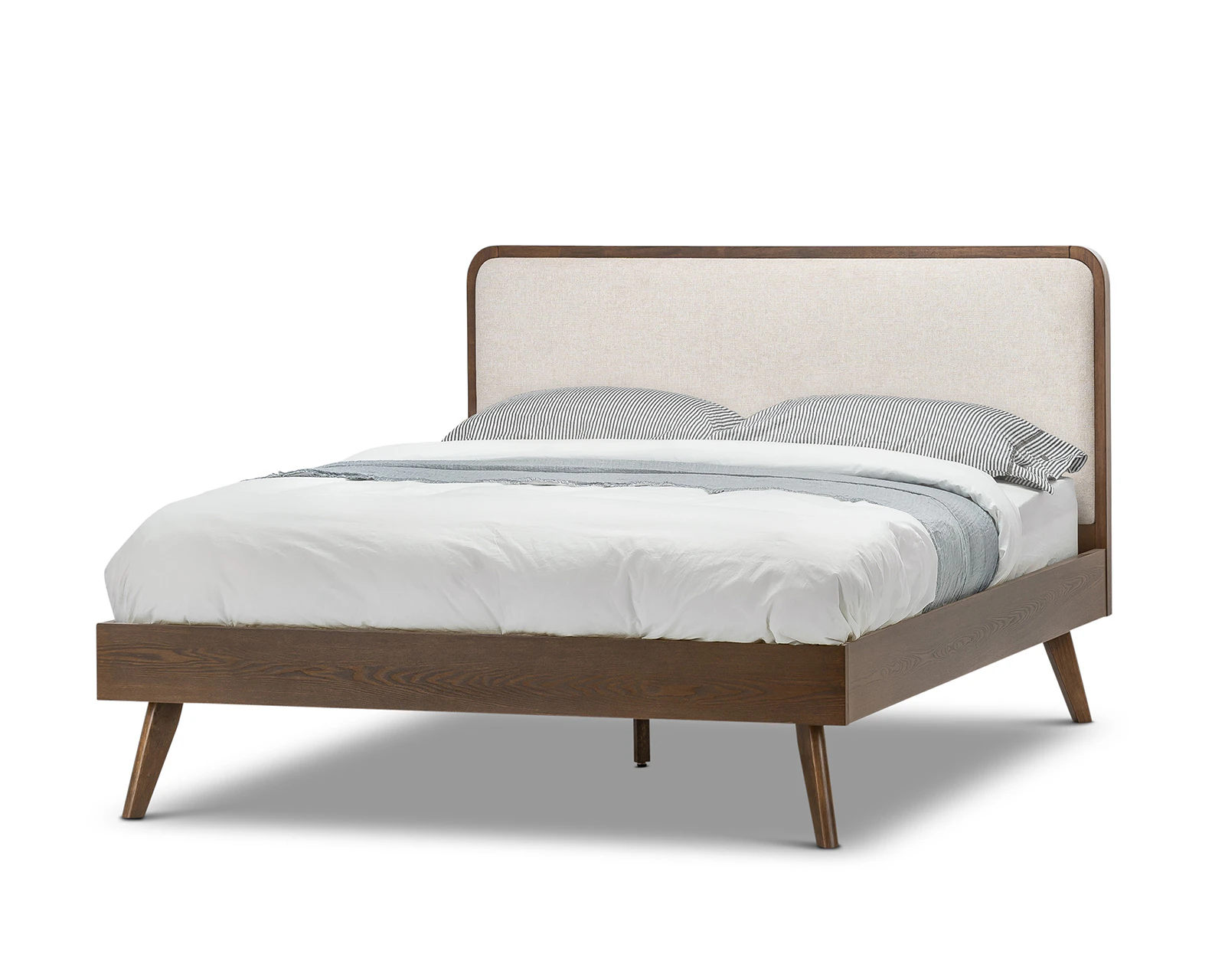 Stella Mid Century Queen Size Bed in Walnut with Upholstered Beige Fabric Panel Headboard