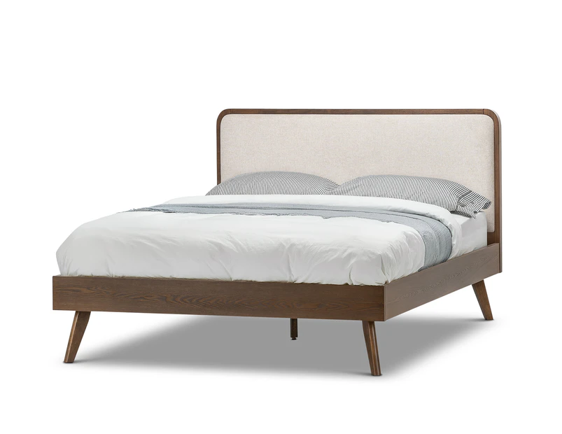 Stella Mid Century Queen Size Bed in Walnut with Upholstered Beige Fabric Panel Headboard