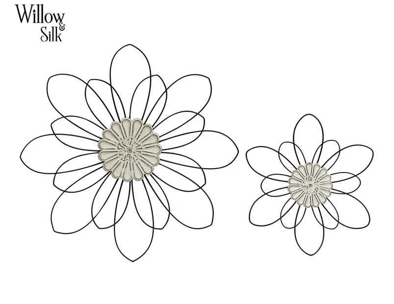 Set of 2 Willow & Silk Flower Wall Art - Black/Distressed White