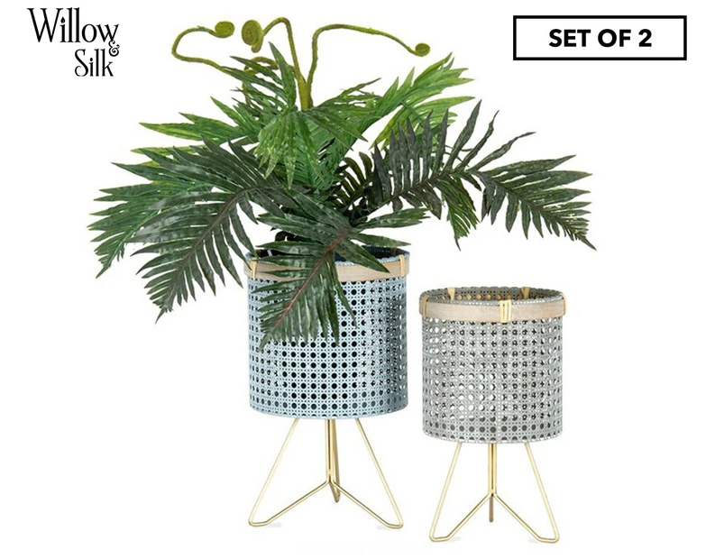 Set of 2 Willow & Silk Luxe Rattan-Look Footed Planters - Taupe/Gold/Natural