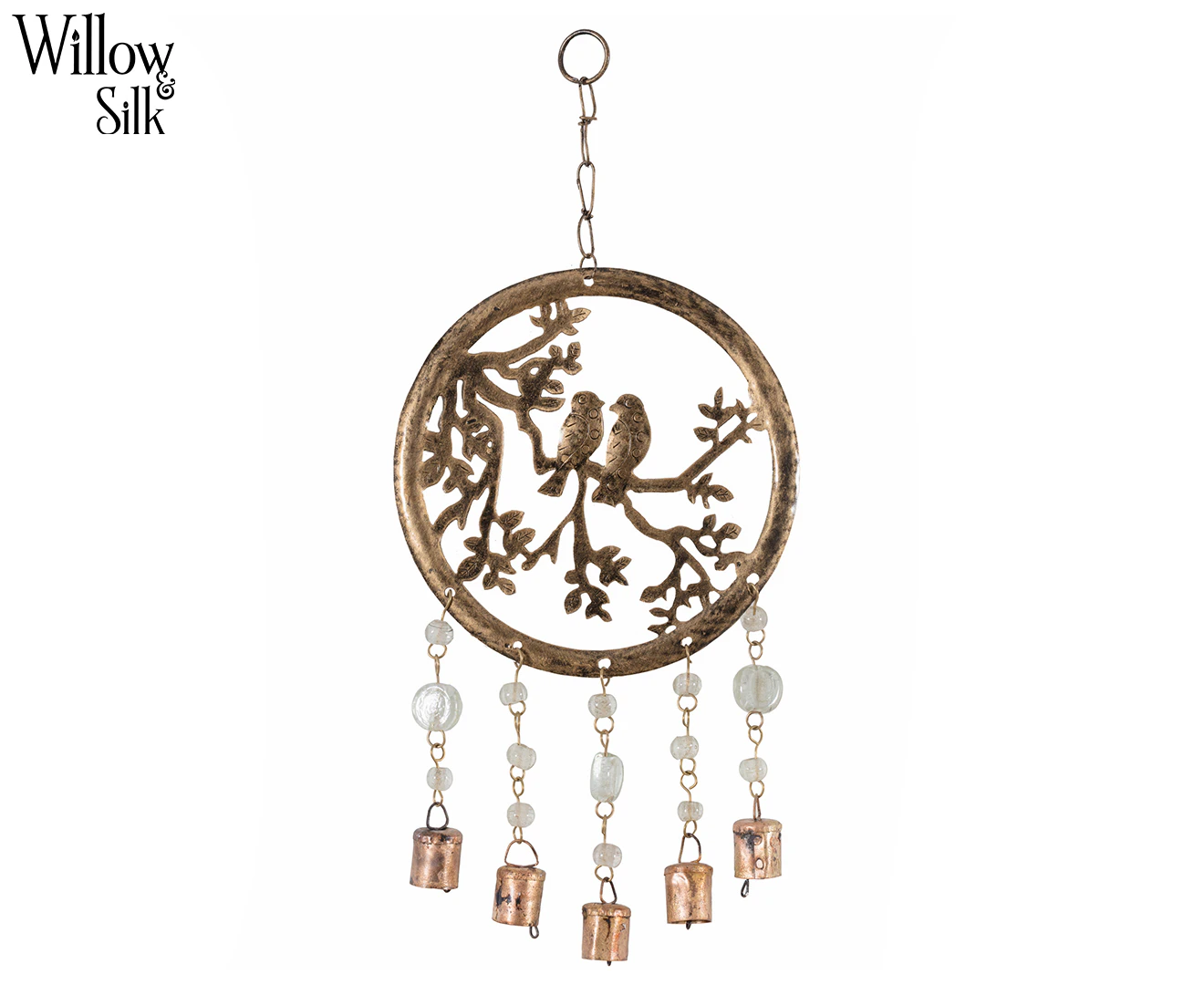 Willow & Silk 43cm Circle of Life w/ Birds, Beads & Bells Hanging Chime - Antique Gold/Clear