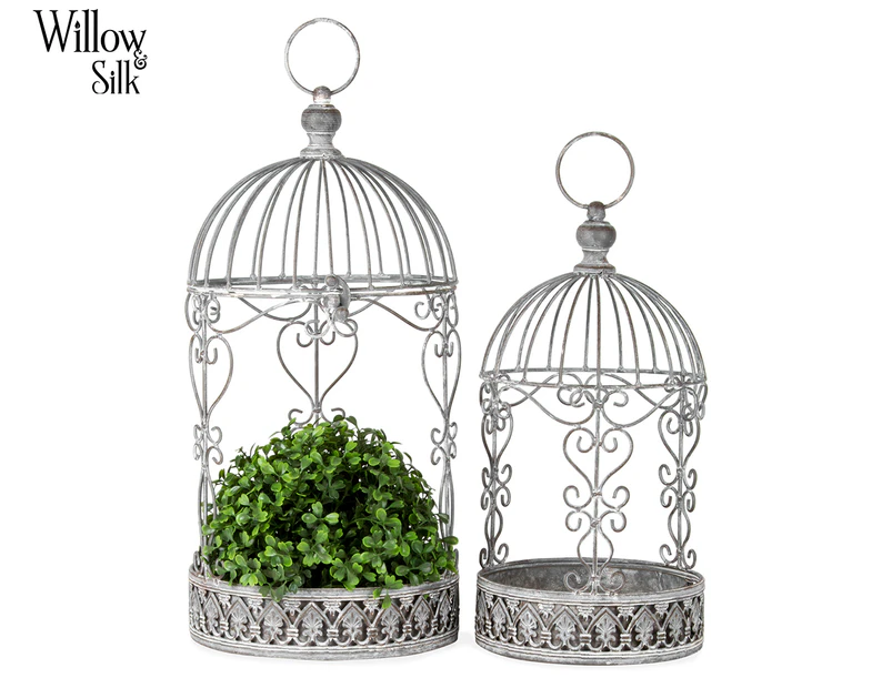 Set of 2 Willow & Silk Nested Baroque Plant Cages - Antique Grey