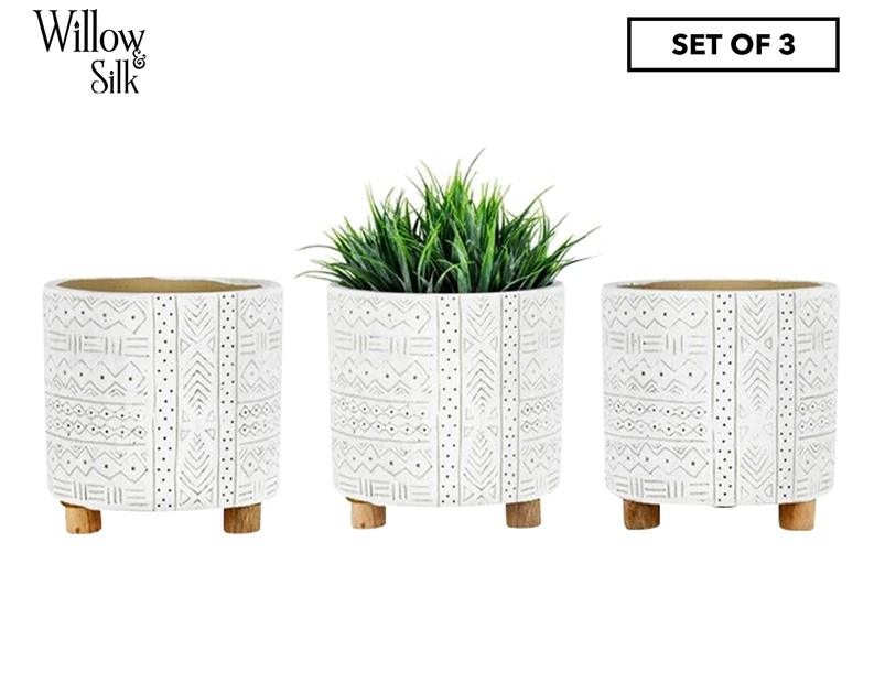 Set of 3 Willow & Silk 14cm Otis Pot Planters - Distressed White/Natural