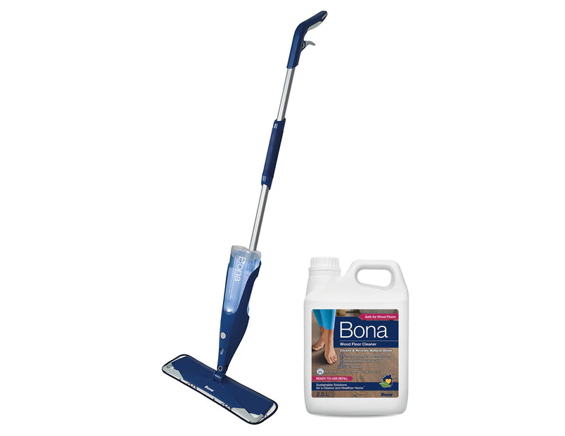 Bona Spray Mop w/ Microfibre Pad/850ml Wood Floor Cleaner Cartridge/2.5L Refill