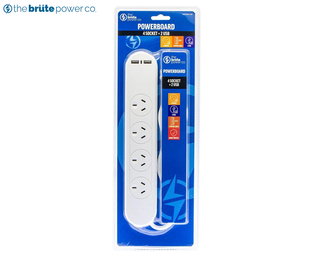 The Brute Power Co 4 Sockets/2 USB Ports 1m Cord/Cable 10A Power Board/Outlet