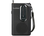 Buddee Mini Pocket Portable AM/FM Radio w/ Earbud Headphones/3.5mm Plug Black